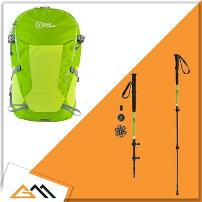 GREAT ESCAPES Zaino Verde 25L+Bastoncini T1 Trekking